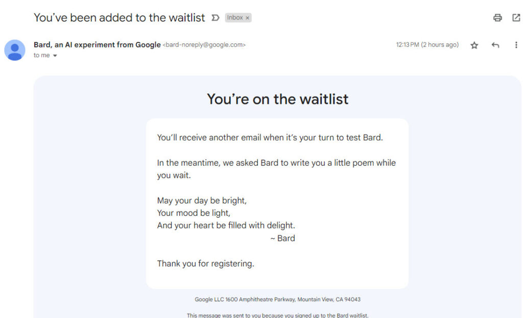 Bard waitlist email