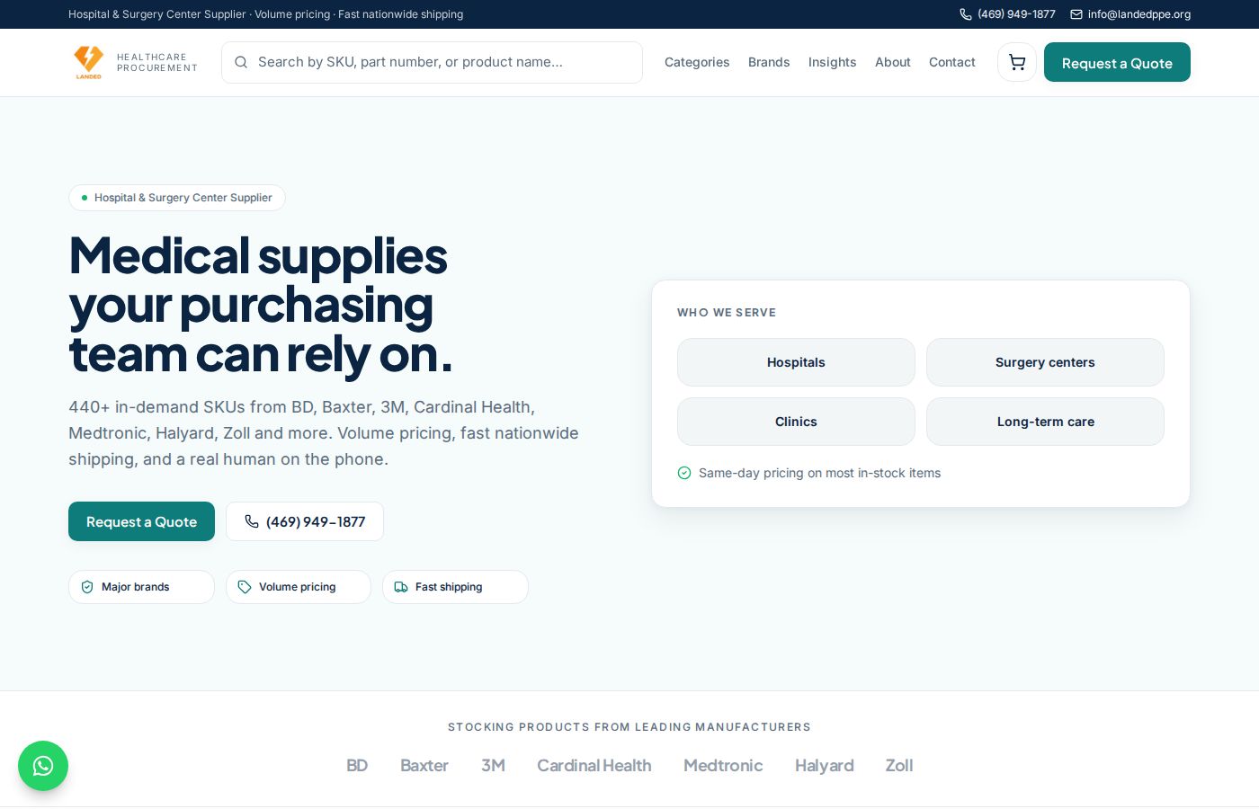 Homepage of the medical supply site built on Lovable
